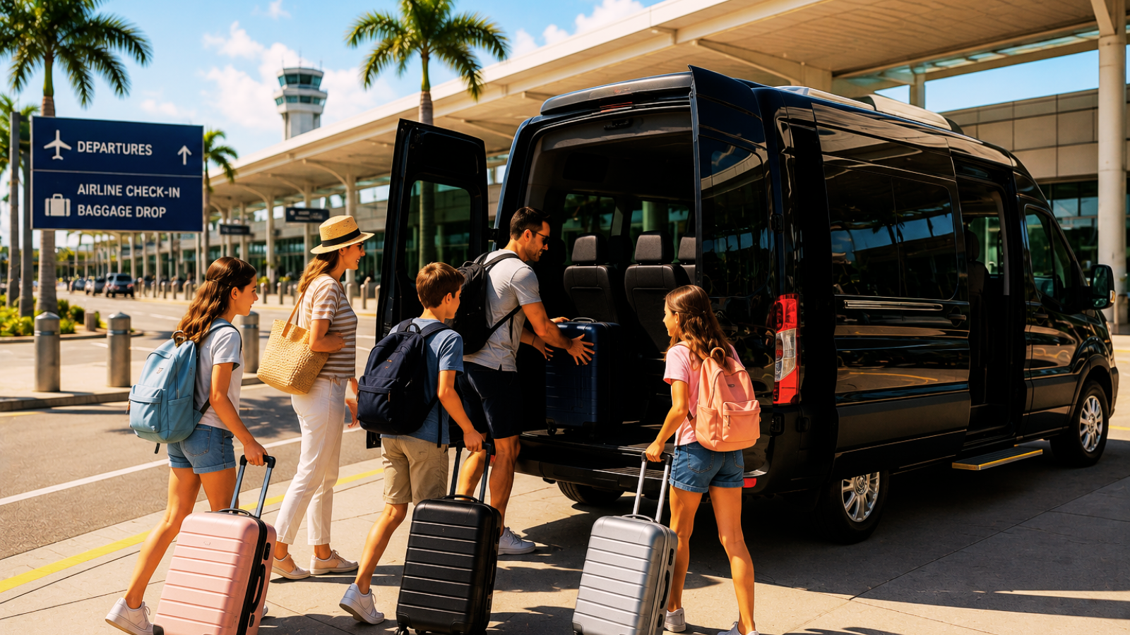 A large van in front of the airport, with a family loading their suitcases.