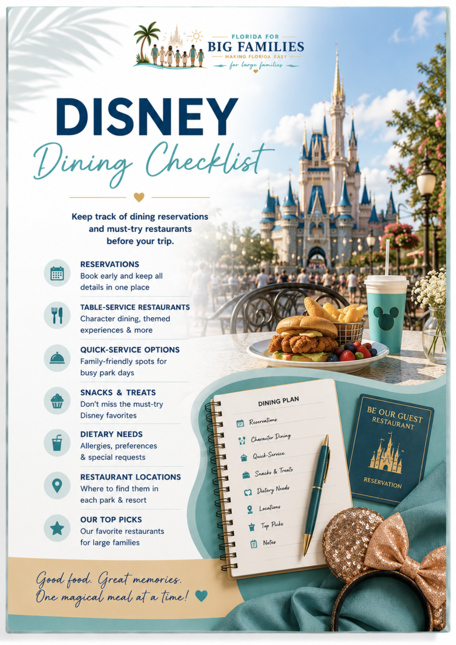Disney Dining Checklist printable guide for large family vacations in Florida Disney Dining Checklist printable guide for large family vacations in Florida