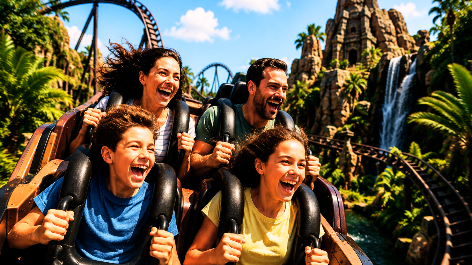 Family enjoying a thrilling roller coaster ride at a Florida theme park