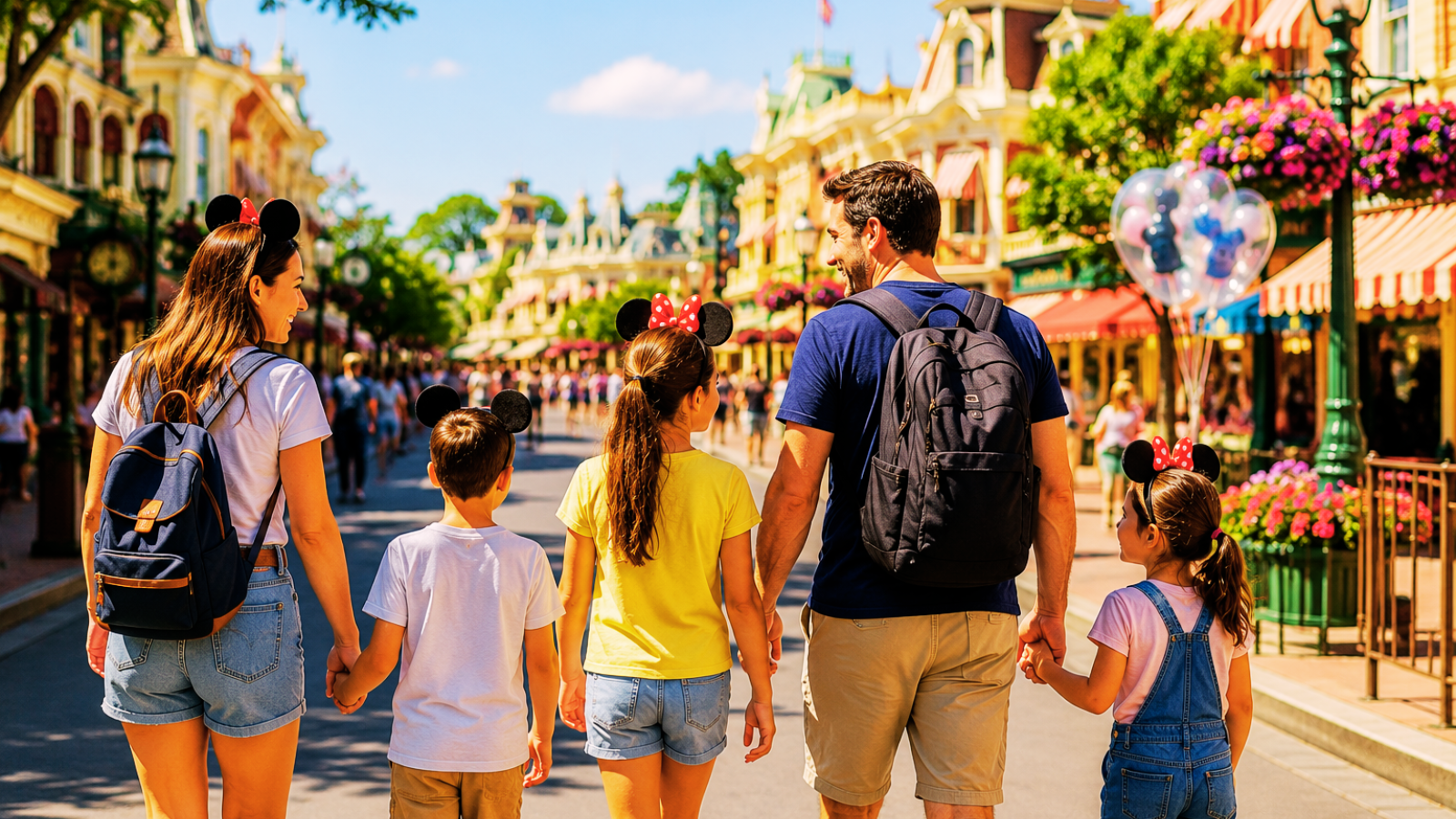 Family walking along a street inspired by Main Street(Disney)