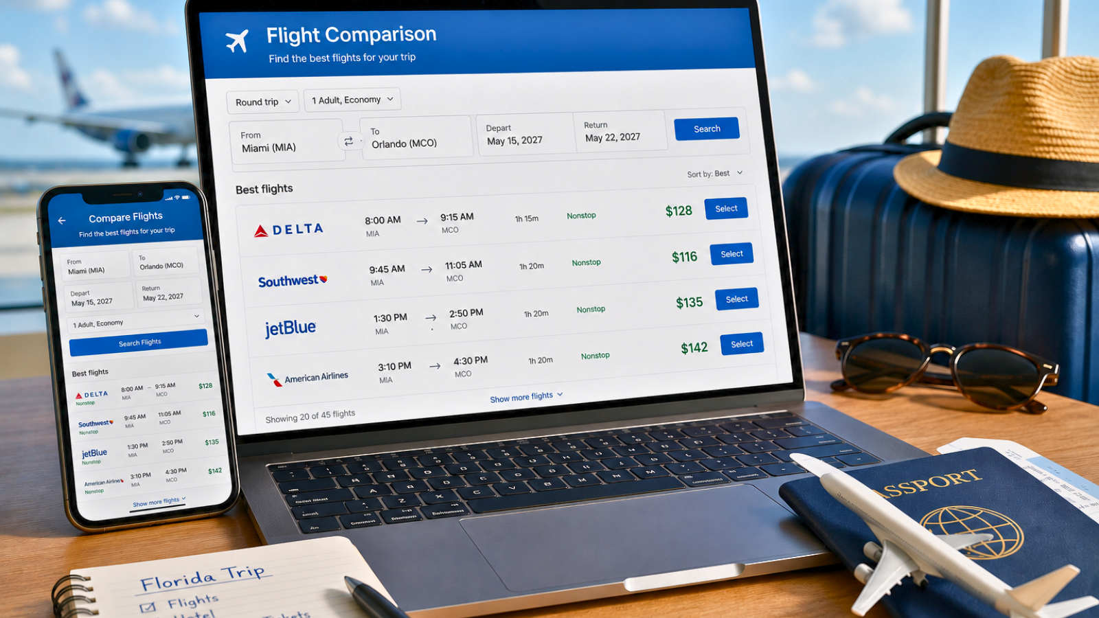 Flight comparison tool for finding the best flights to Florida