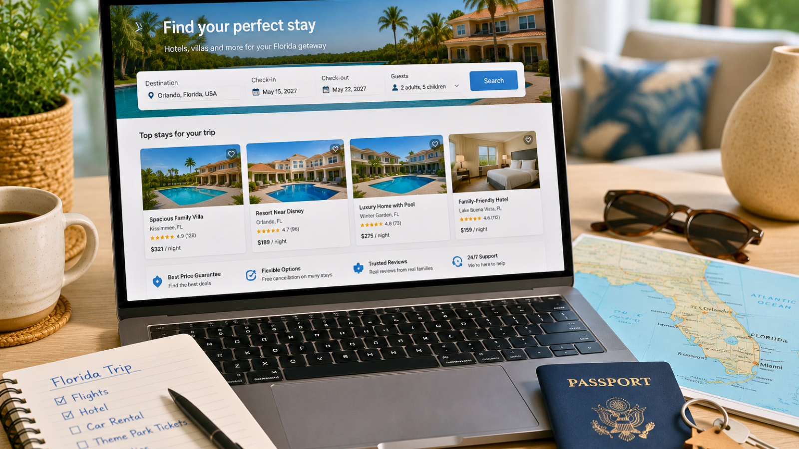 Hotel and vacation rental booking tool for family trips to Florida
