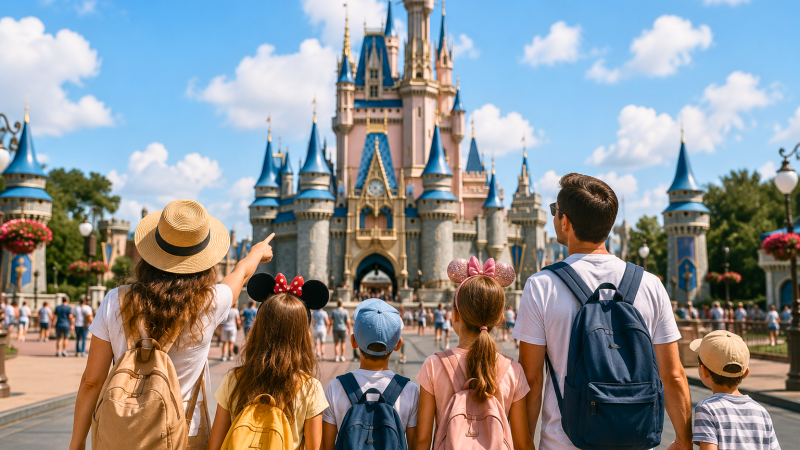 Large family walking toward Cinderella Castle at Walt Disney World in Florida Large family walking toward Cinderella Castle at Walt Disney World in Florida