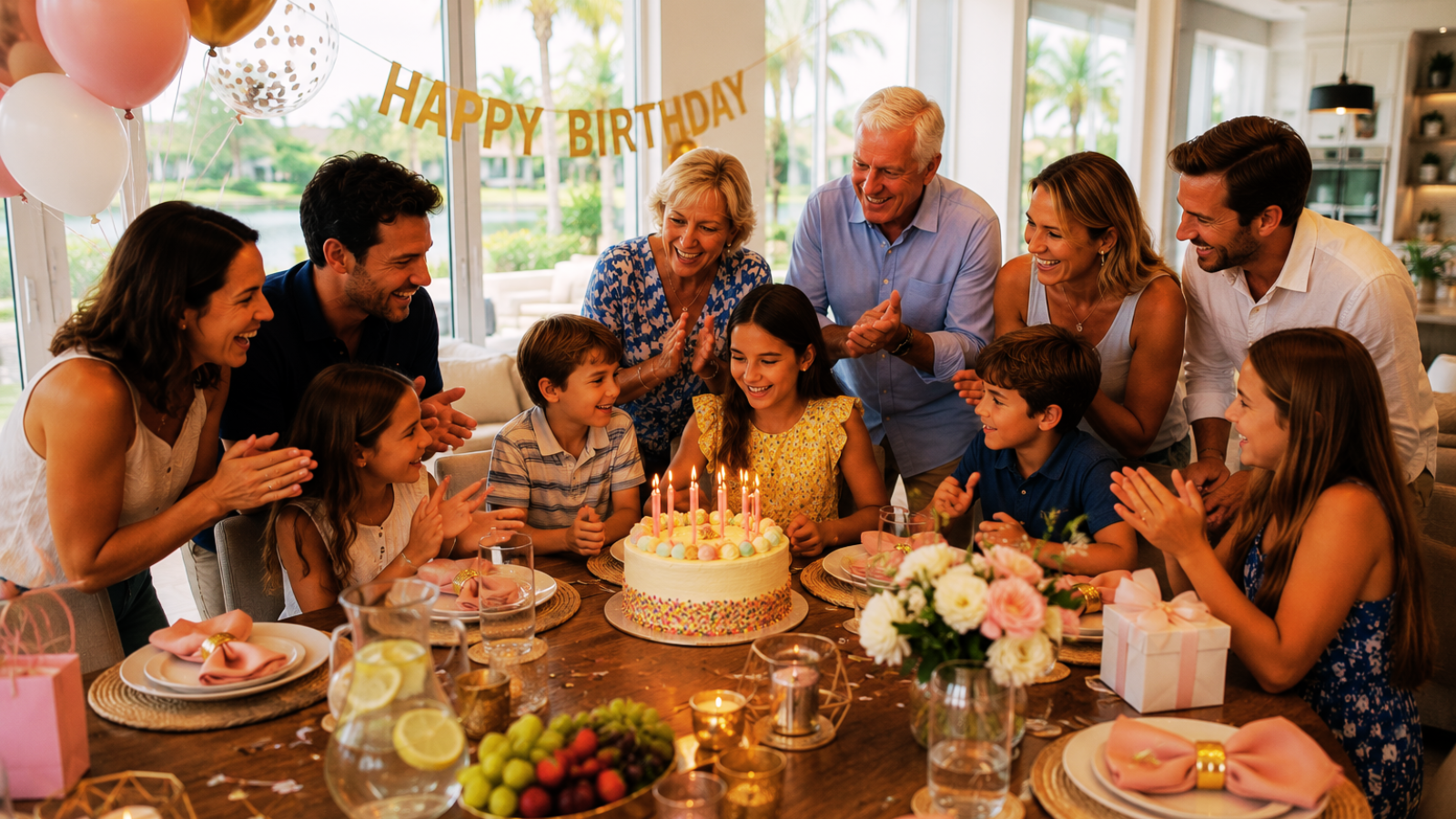 Large multigenerational family celebrating a special event at a Florida vacation villa