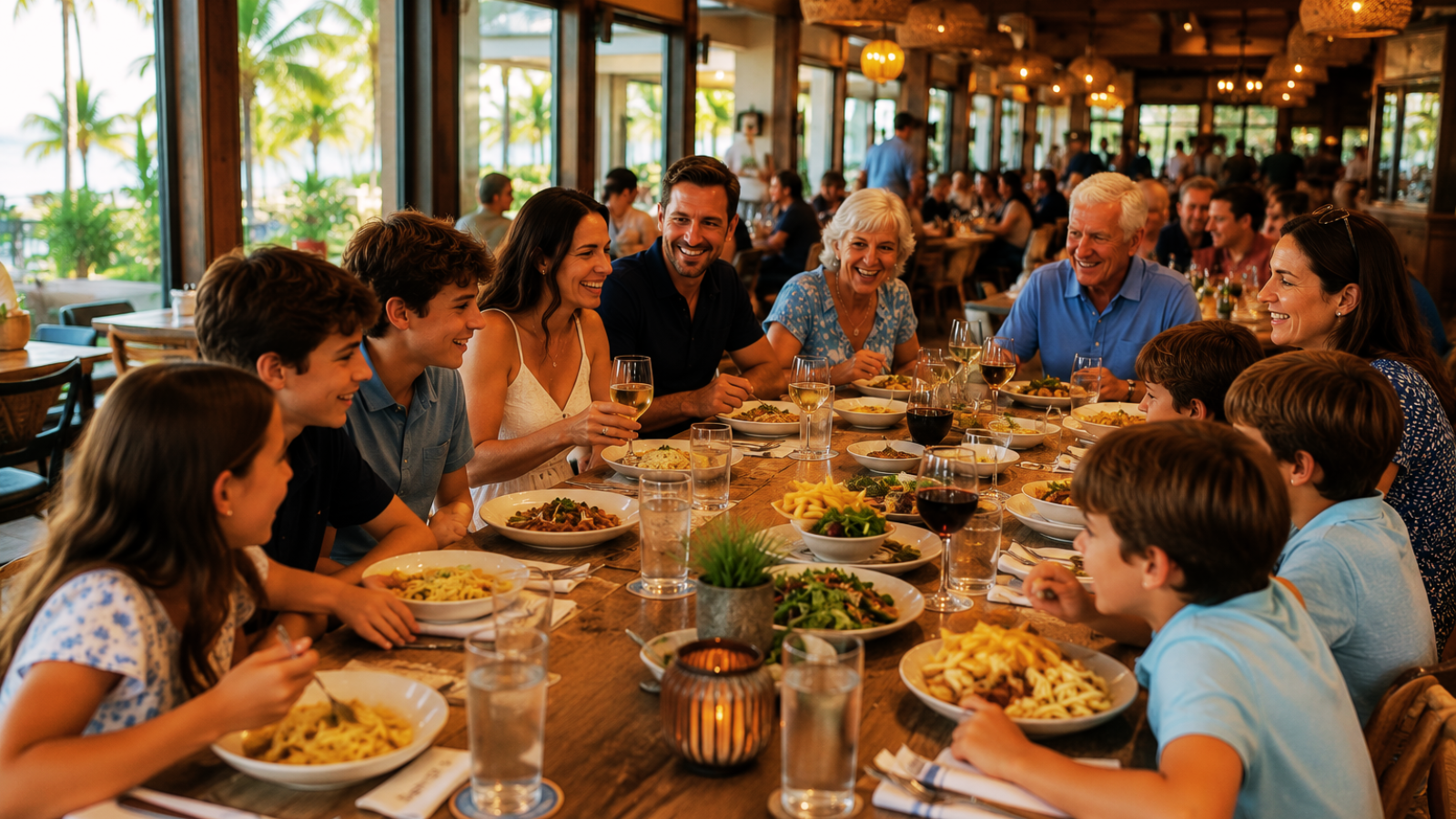 Large multigenerational family enjoying a meal together at a Florida restaurant