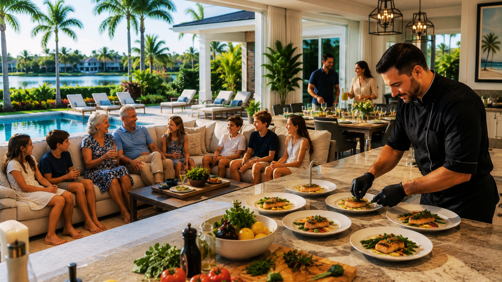 Large multigenerational family celebrating a special event at a Florida vacation villa