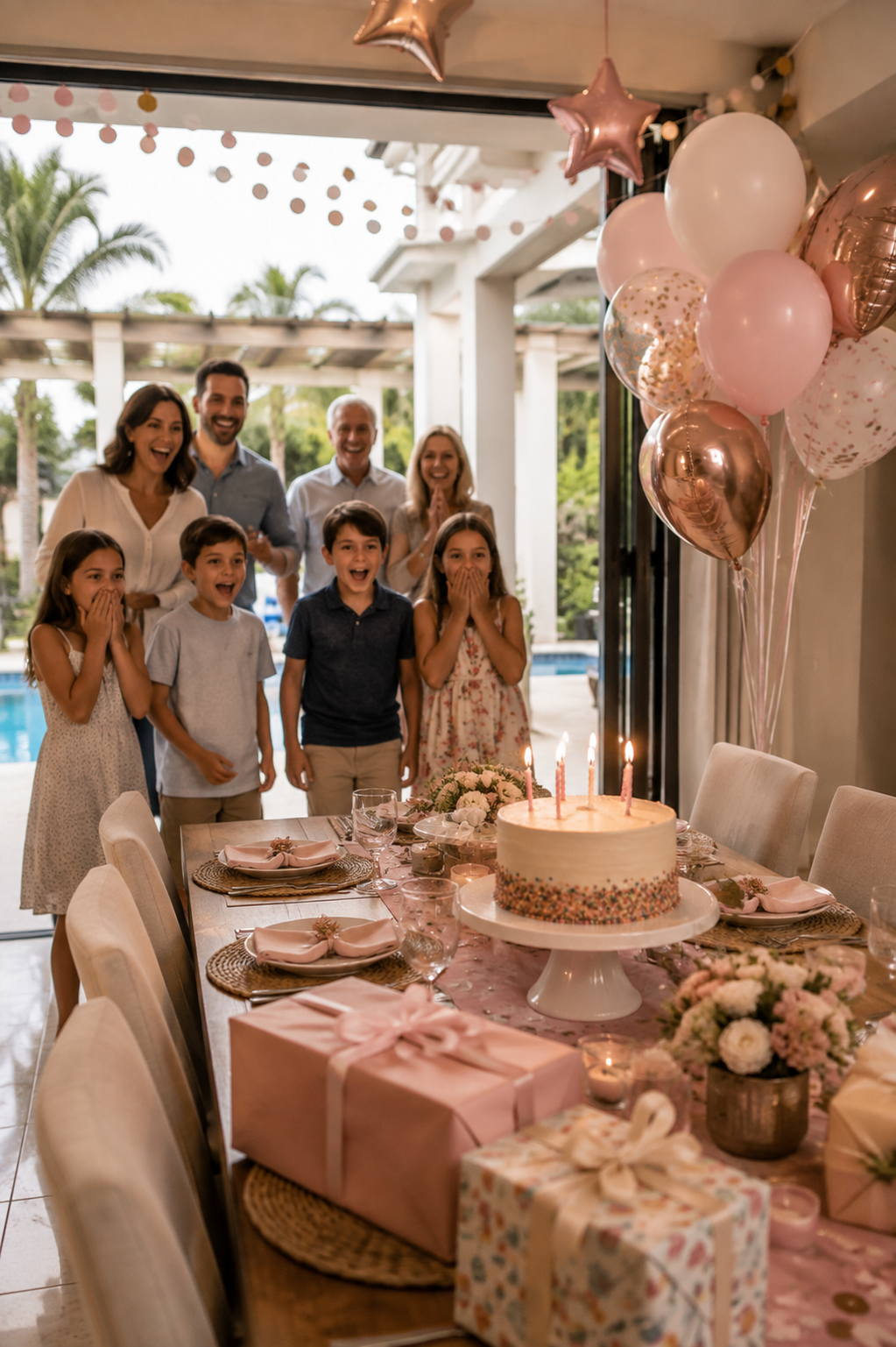 Large family discovering a birthday celebration prepared in a Florida vacation villa
