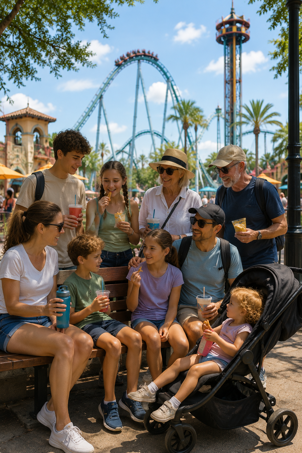 Large multigenerational family taking a relaxing break during a day at a Florida theme park.