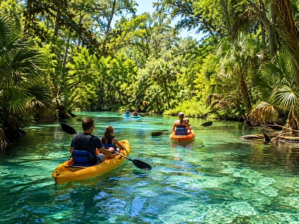 Family kayaking on a clear river surrounded by lush vegetation at Wekiwa Springs in Florida