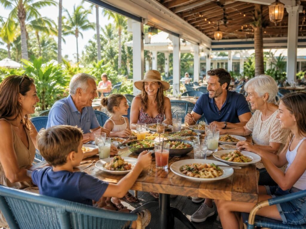 Large multigenerational family dining together at a Florida restaurant.