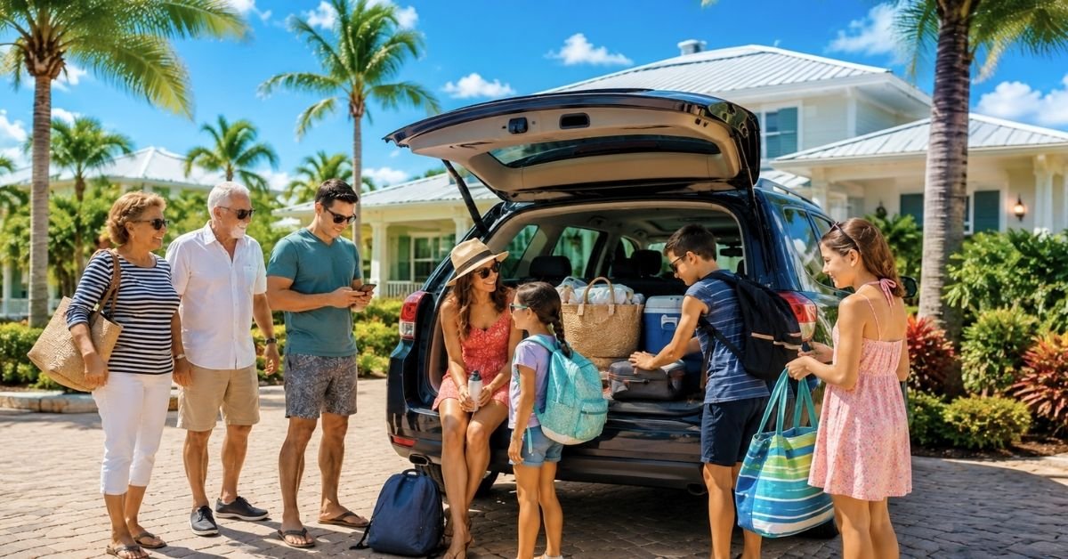 Florida family vacation mistakes Large multigenerational family preparing for a Florida vacation beside a packed SUV