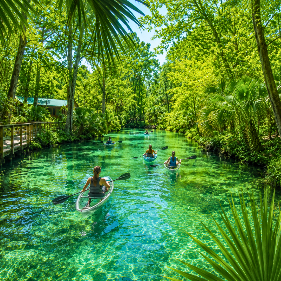 Kayakers exploring a crystal-clear Florida spring surrounded by lush tropical vegetation