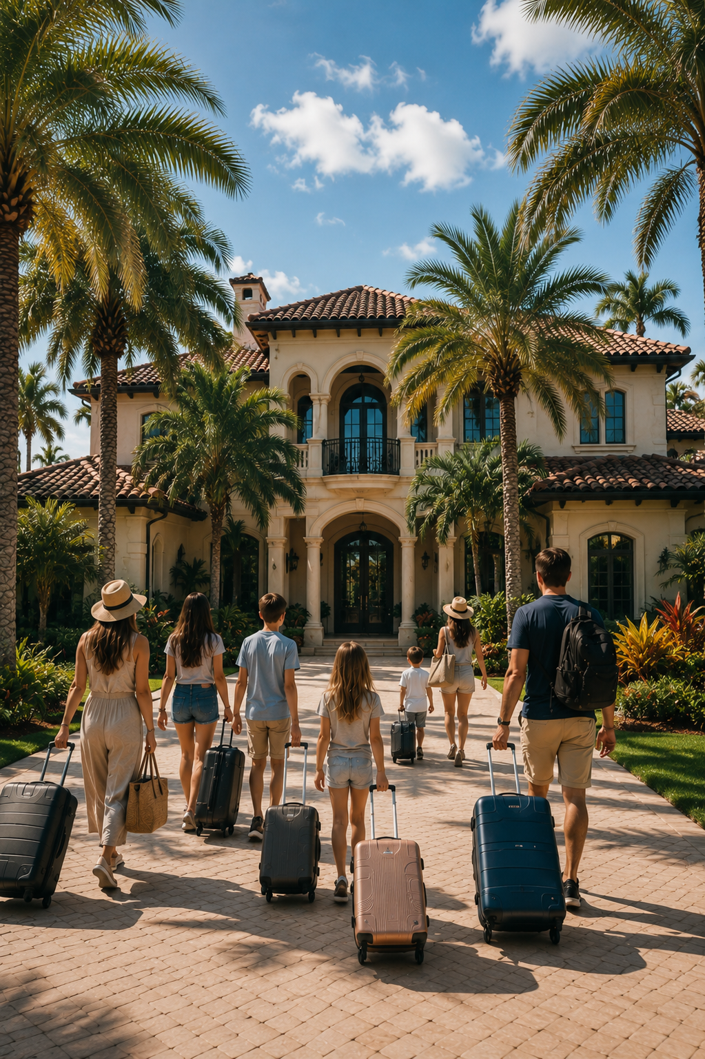 Large family arriving with luggage at a Florida vacation rental