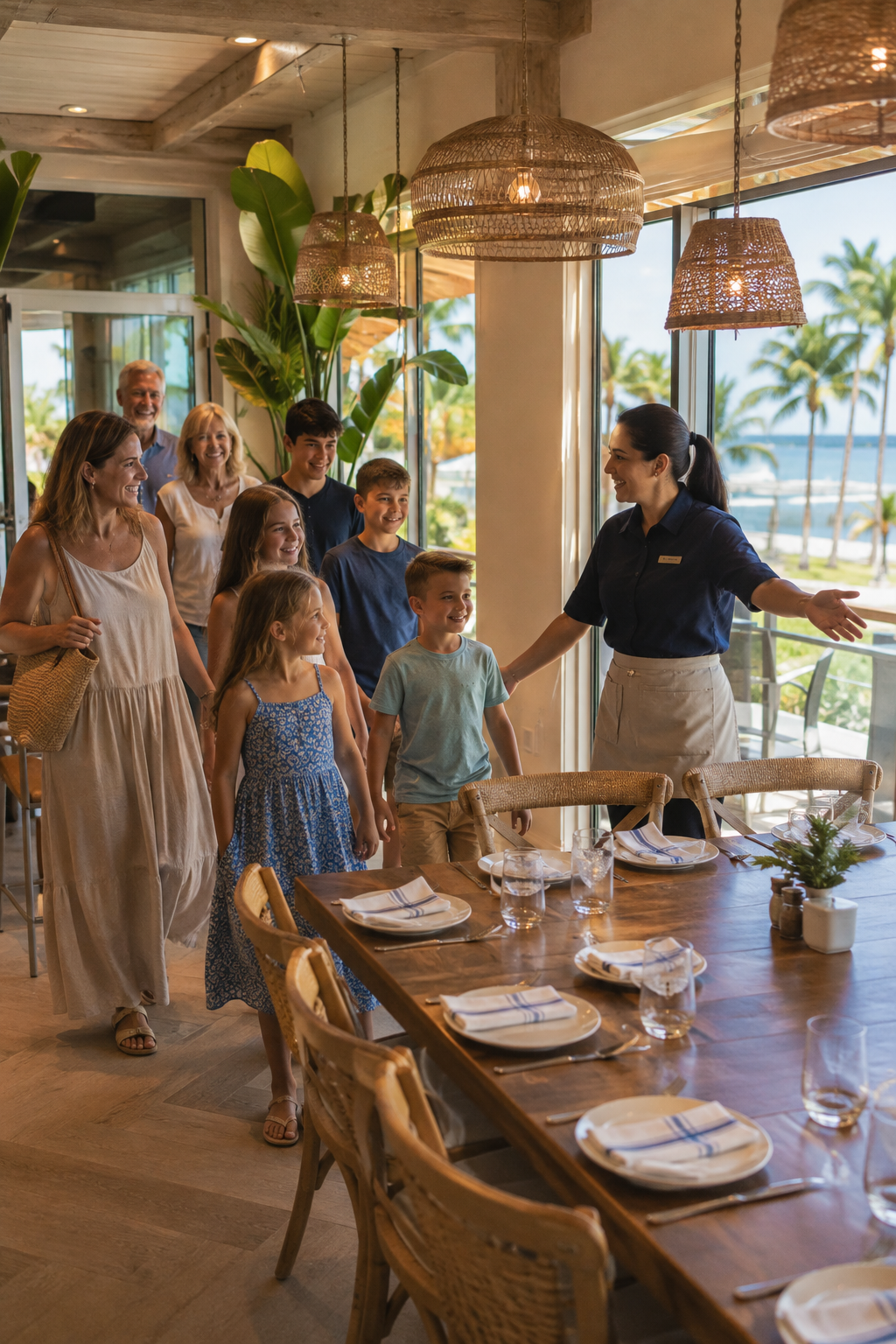 Large family being welcomed to a prepared table at a Florida restaurant
