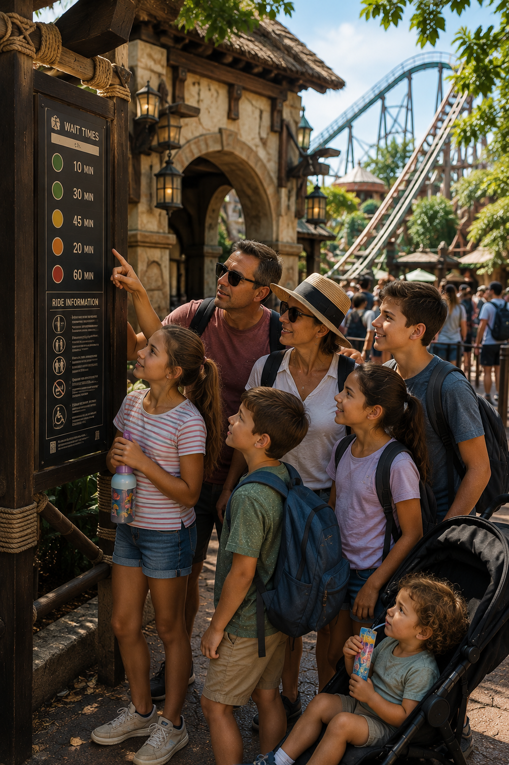 Large family checking attraction wait times together at a Florida theme park.