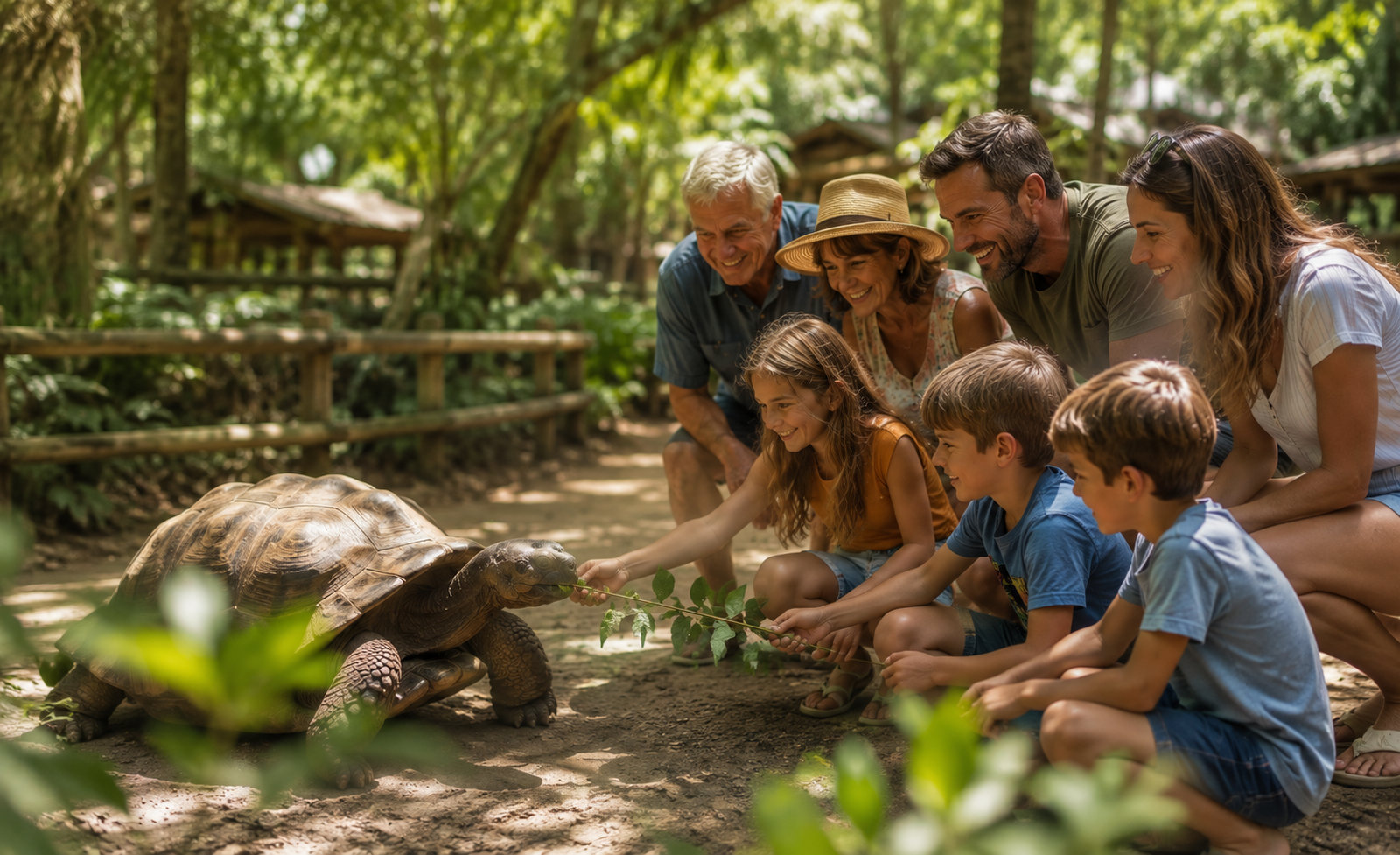 Large family enjoying a wildlife experience with a giant tortoise in Florida