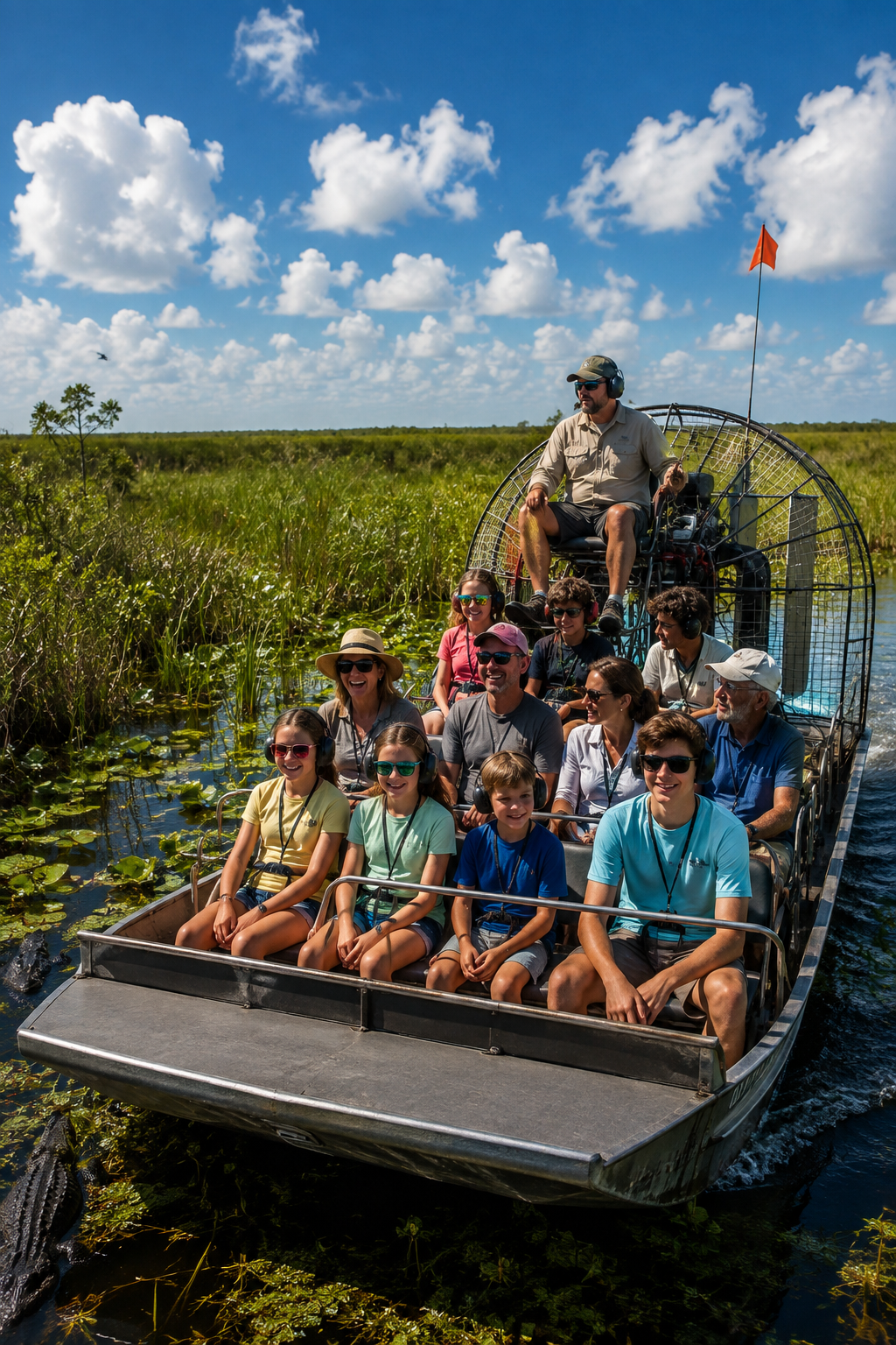 Large family enjoying an airboat ride through the Florida Everglades