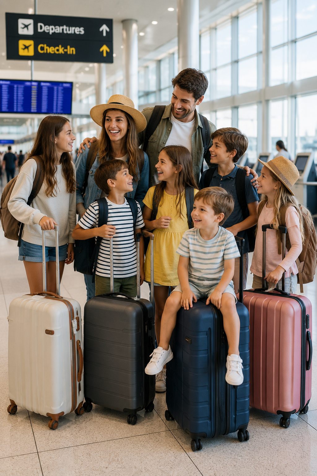Large family with luggage at the airport ready for their Florida vacation