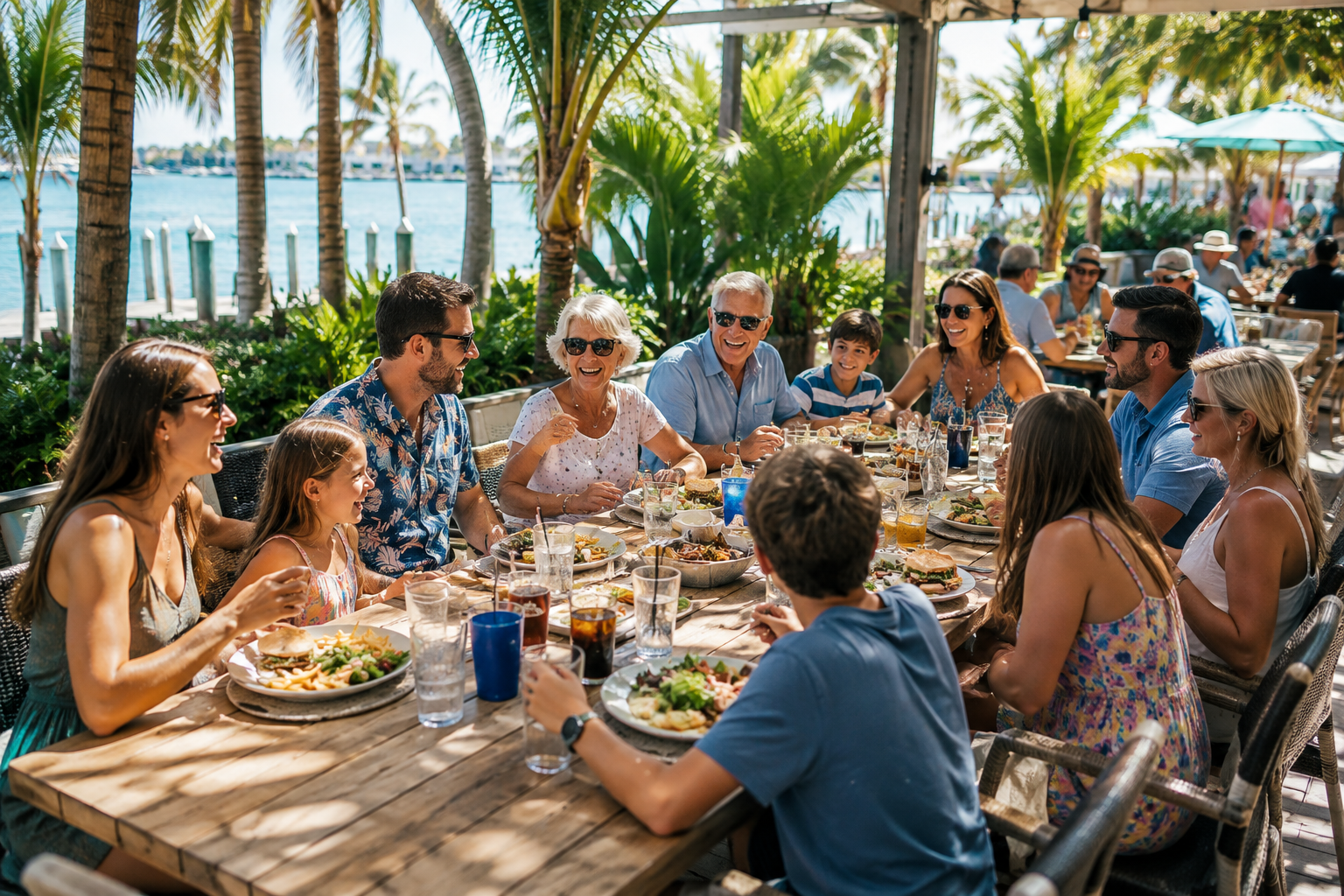 Large multigenerational family enjoying lunch together at an outdoor Florida restaurant with palm trees.