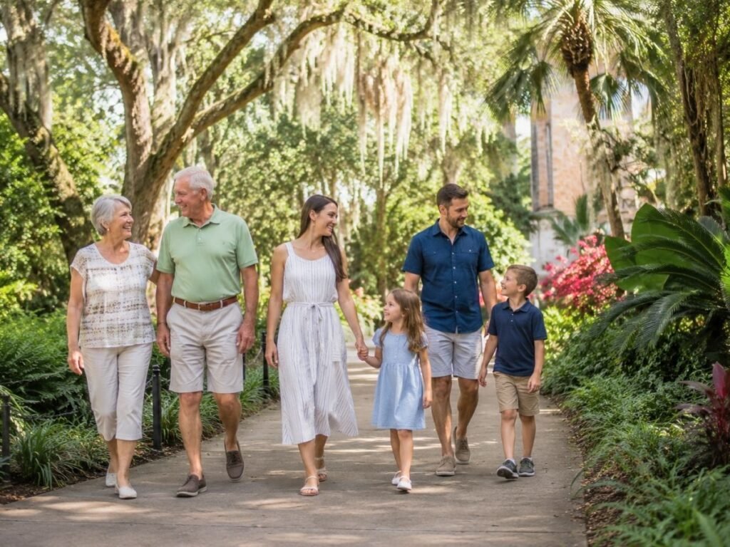 Multigenerational family exploring a Florida garden together
