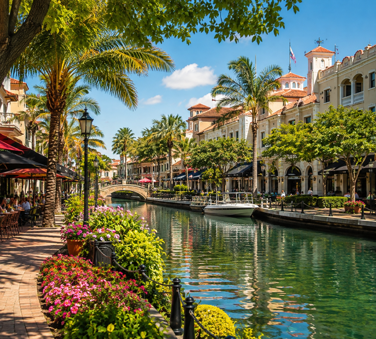 Palm-lined waterfront promenade in Florida with colorful flowers and Mediterranean-style buildings
