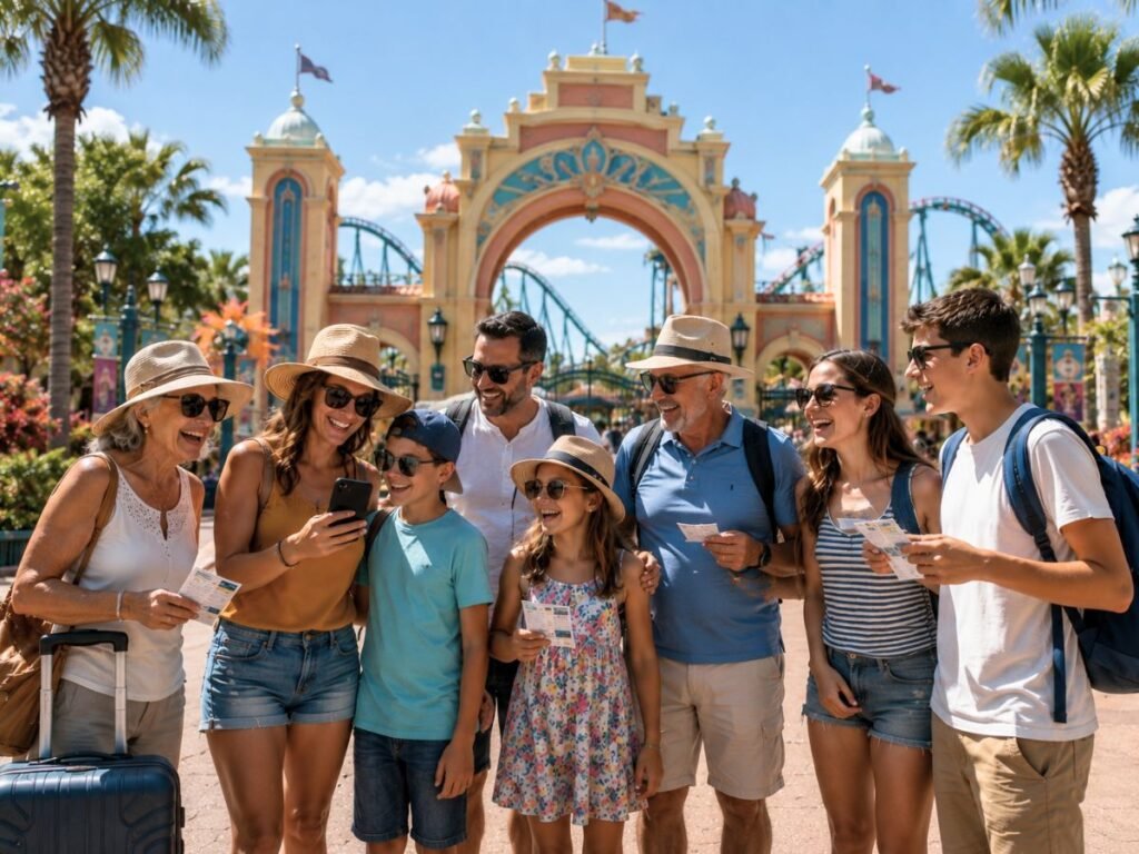 Multigenerational family arriving at a Florida theme park entrance with tickets and a smartphone under a bright blue sky.