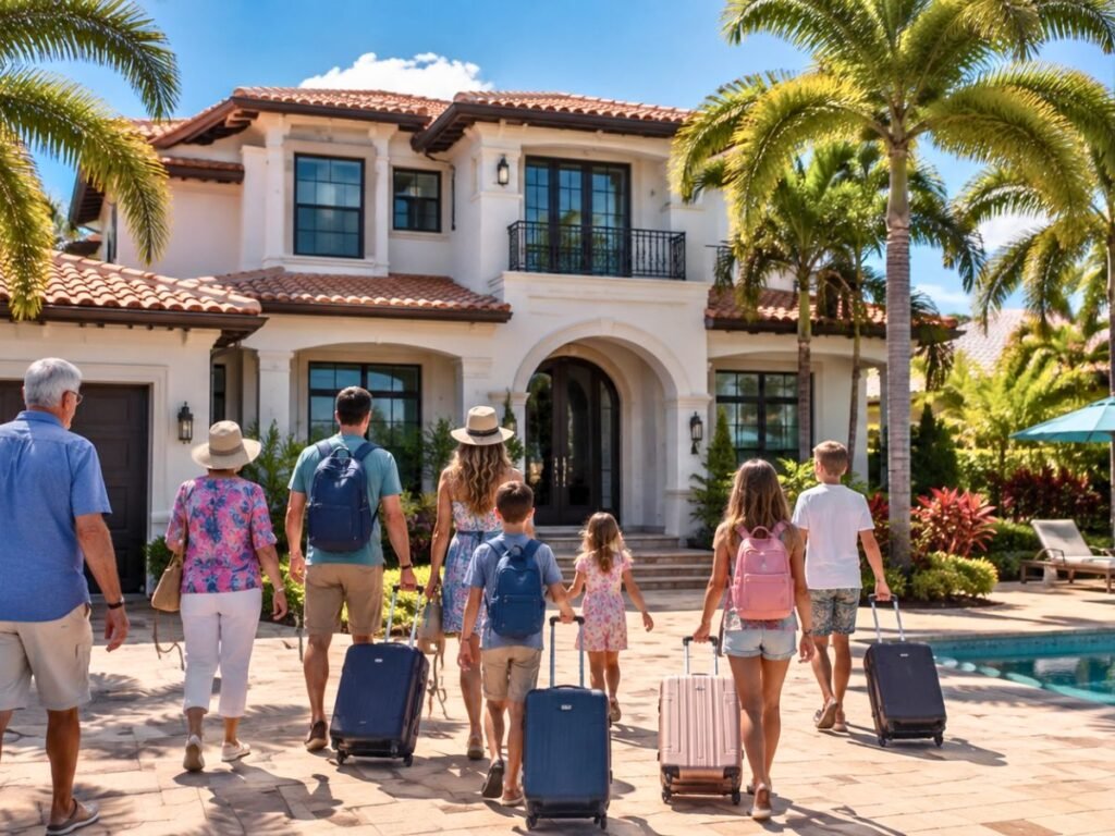 Large family arriving at a Florida vacation villa with a private pool while planning a Florida trip.