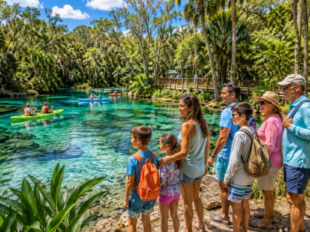 Multigenerational family enjoying a beautiful Florida spring with turquoise water, kayaks and lush tropical vegetation.