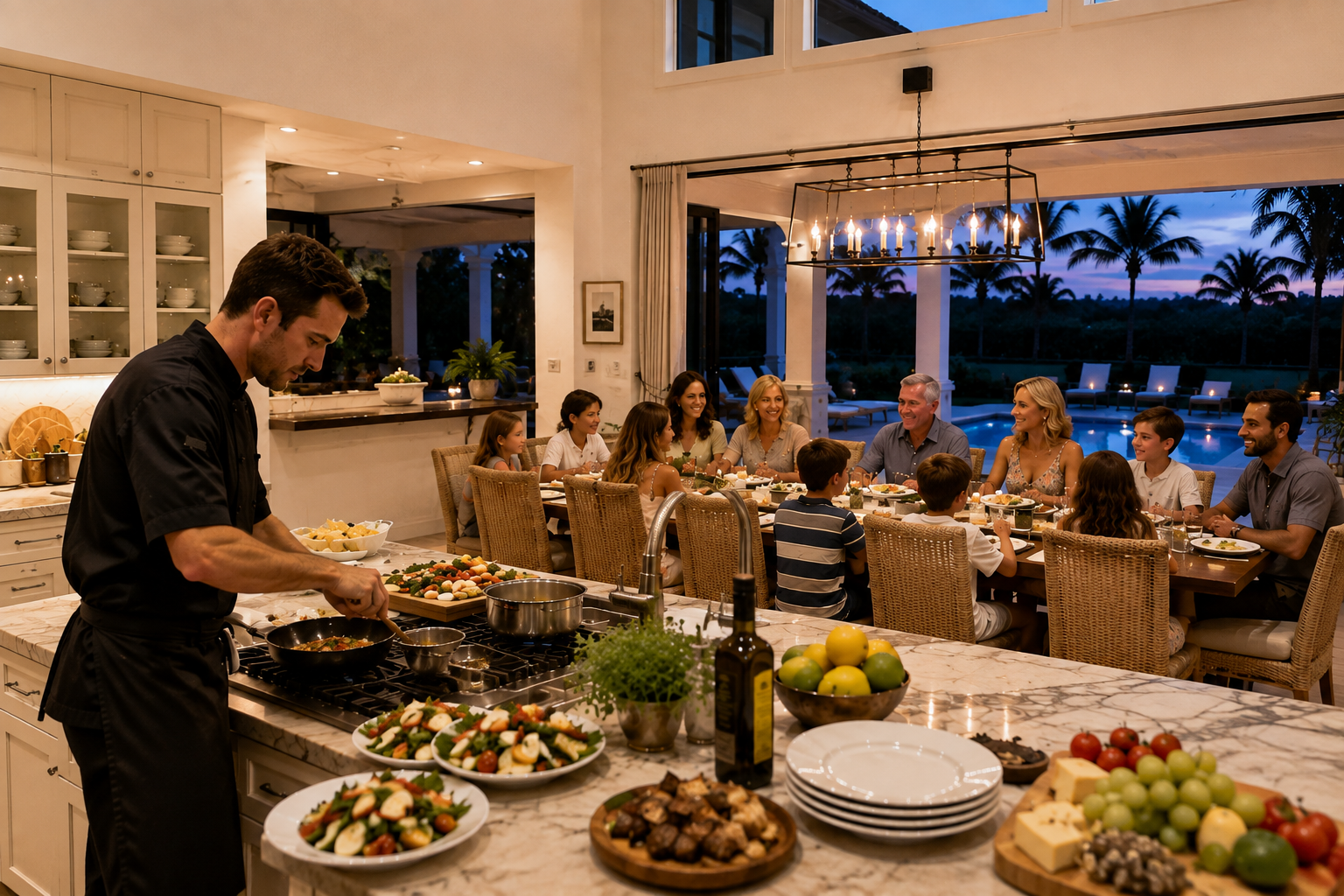 Private chef preparing dinner for a large family in a Florida vacation villa