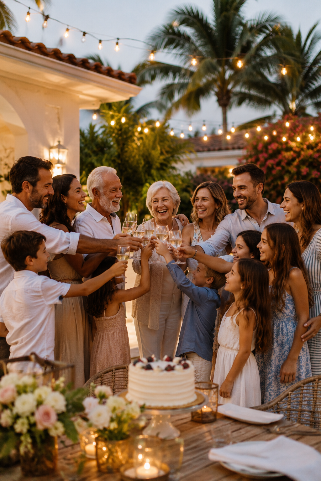 Large multigenerational family celebrating together on a Florida patio with string lights, flowers and a decorated cake.