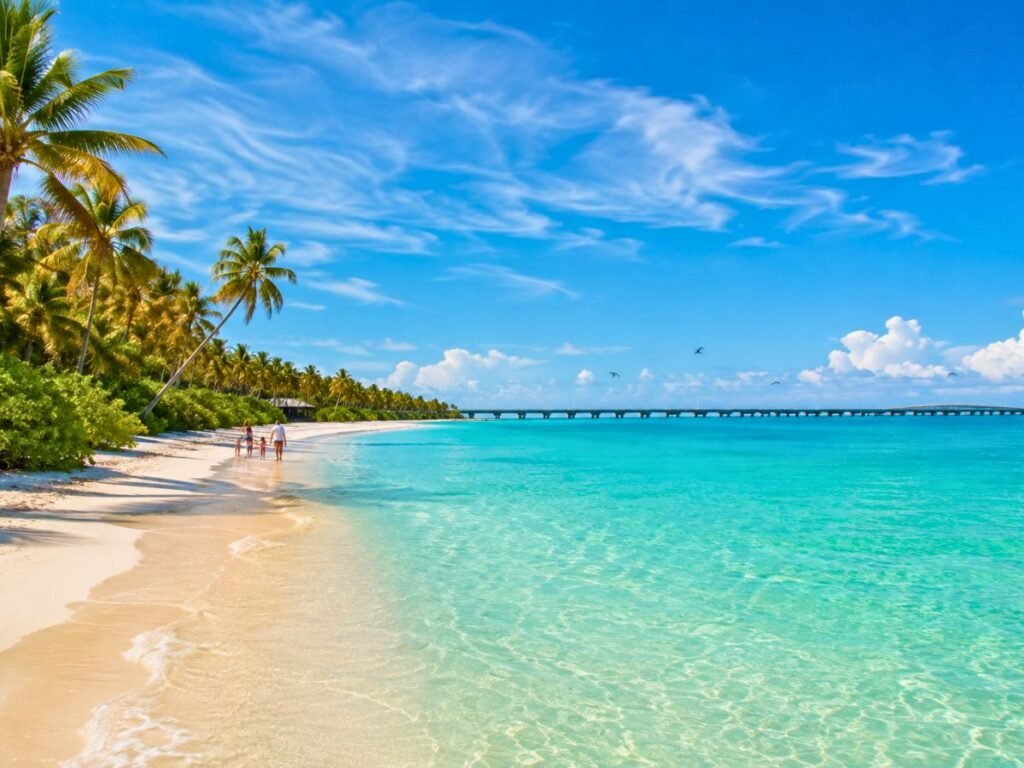 Turquoise water and sandy beach surrounded by palm trees at Bahia Honda State Park in the Florida Keys