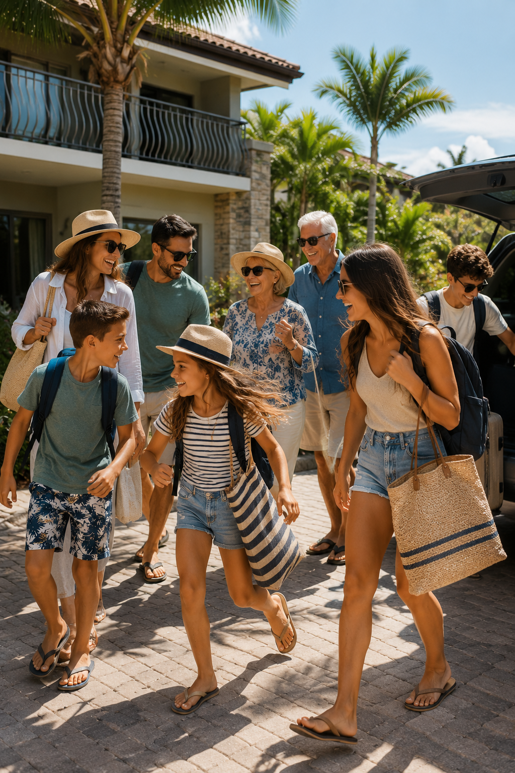 Large multigenerational family heading out for a day of vacation in Florida
