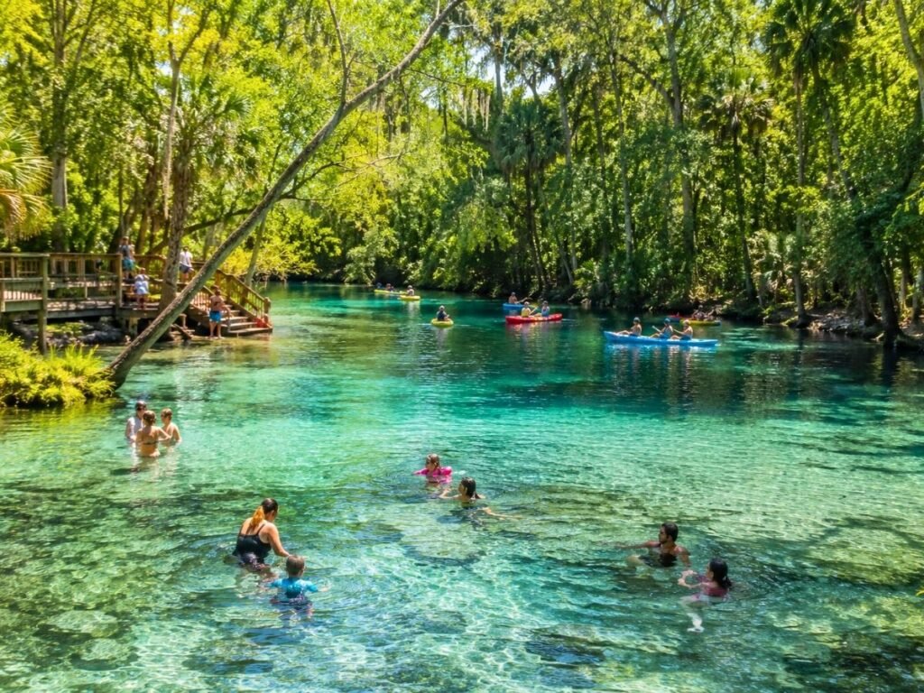 Family enjoying a natural spring on a day trip from Orlando