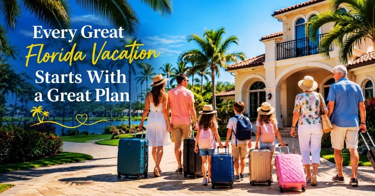 Large family arriving at a Florida vacation rental while planning a Florida trip for a large family.