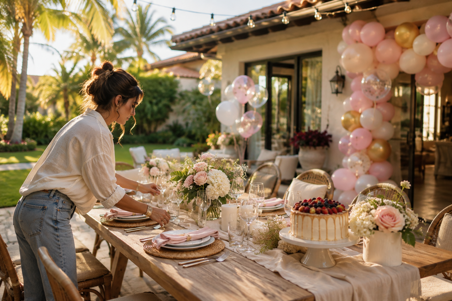 Woman preparing an outdoor table for a family celebration at a Florida villa.