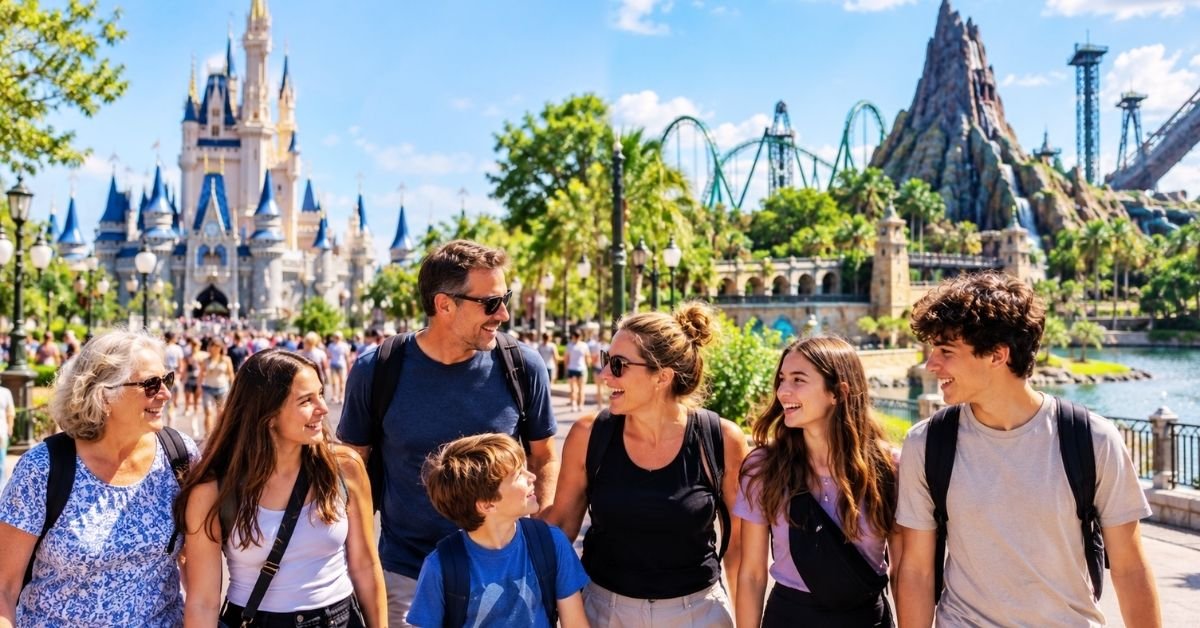 Disney vs Universal for large families visiting Orlando theme parks, with Disney and Universal-inspired attractions in the background.