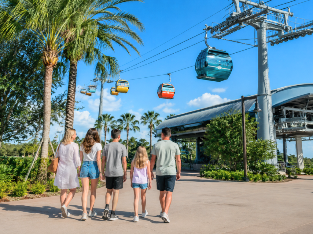 Family walking toward a gondola station during a sunny Florida vacation