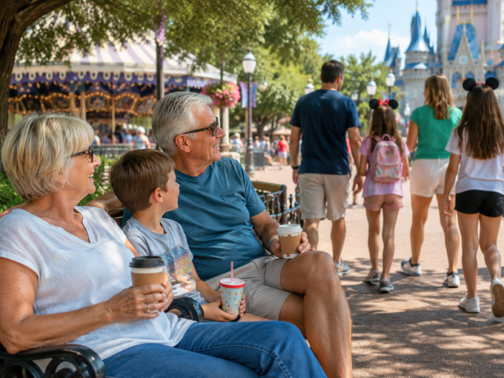Grandparents and child taking a relaxing break in the shade during a Disney park day