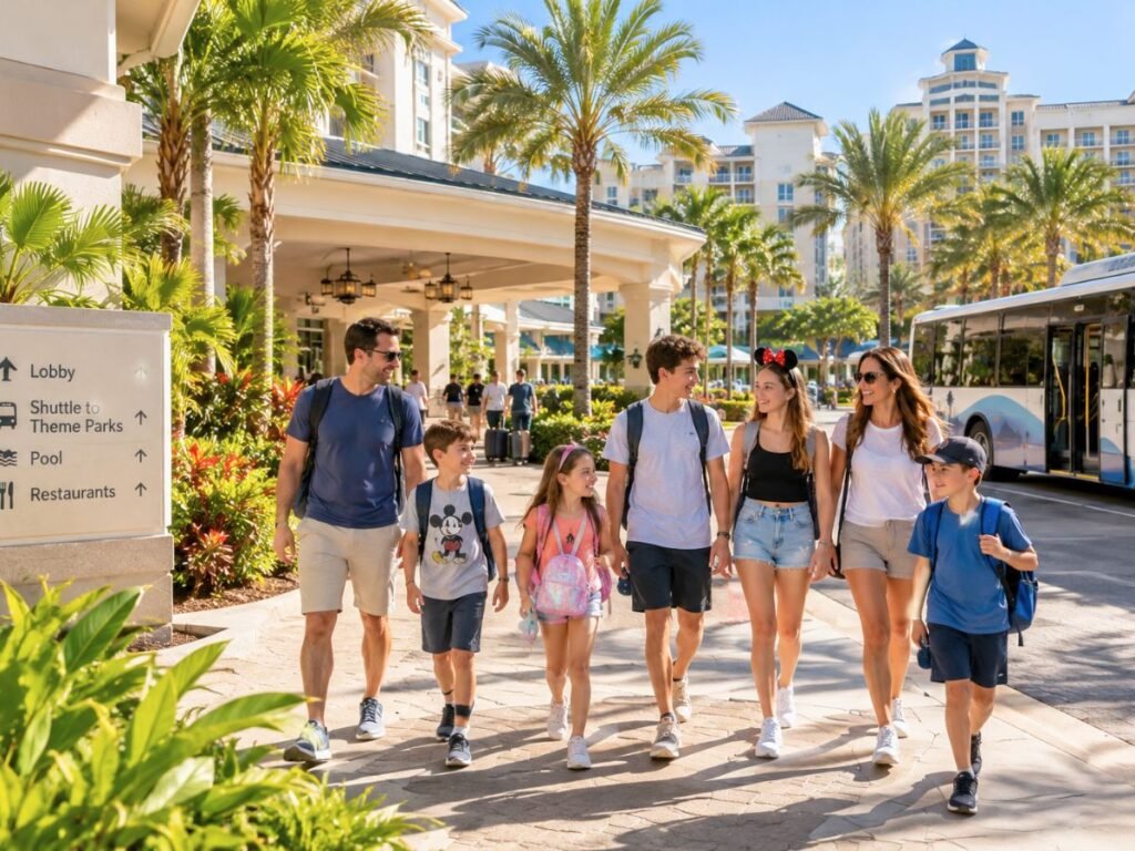 Large family leaving a Florida resort for a day at the Orlando theme parks