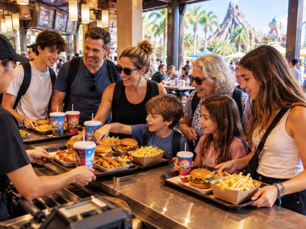 Large family ordering multiple meals at a theme park restaurant during an Orlando vacation for compare Disney vs Universal for large families