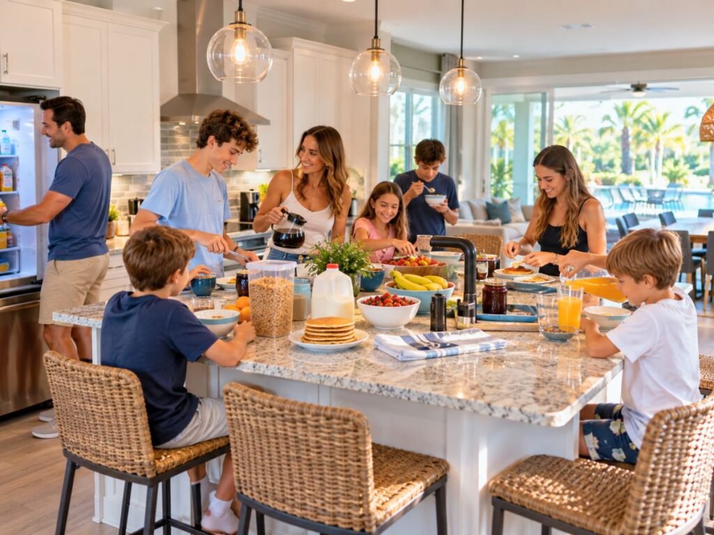 Large family preparing breakfast together in an Orlando vacation rental