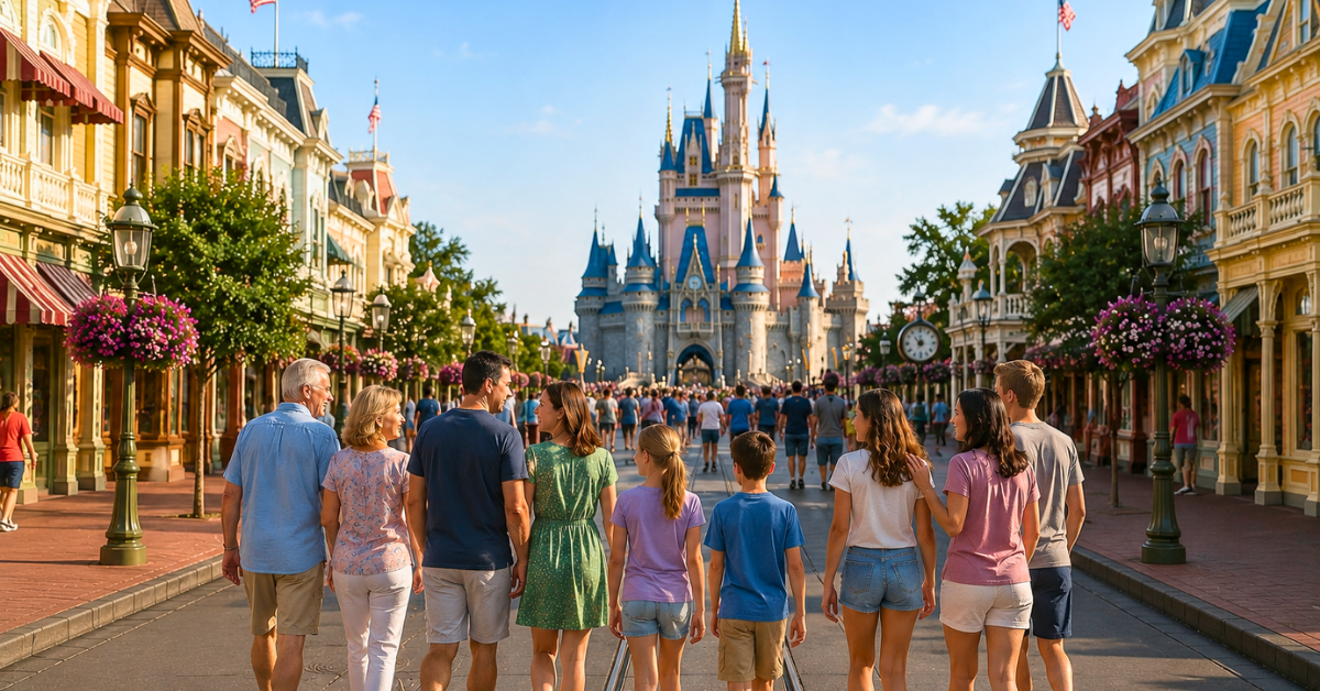 Plan a stress-free Disney vacation Large multigenerational family walking through Magic Kingdom toward Cinderella Castle at Walt Disney World