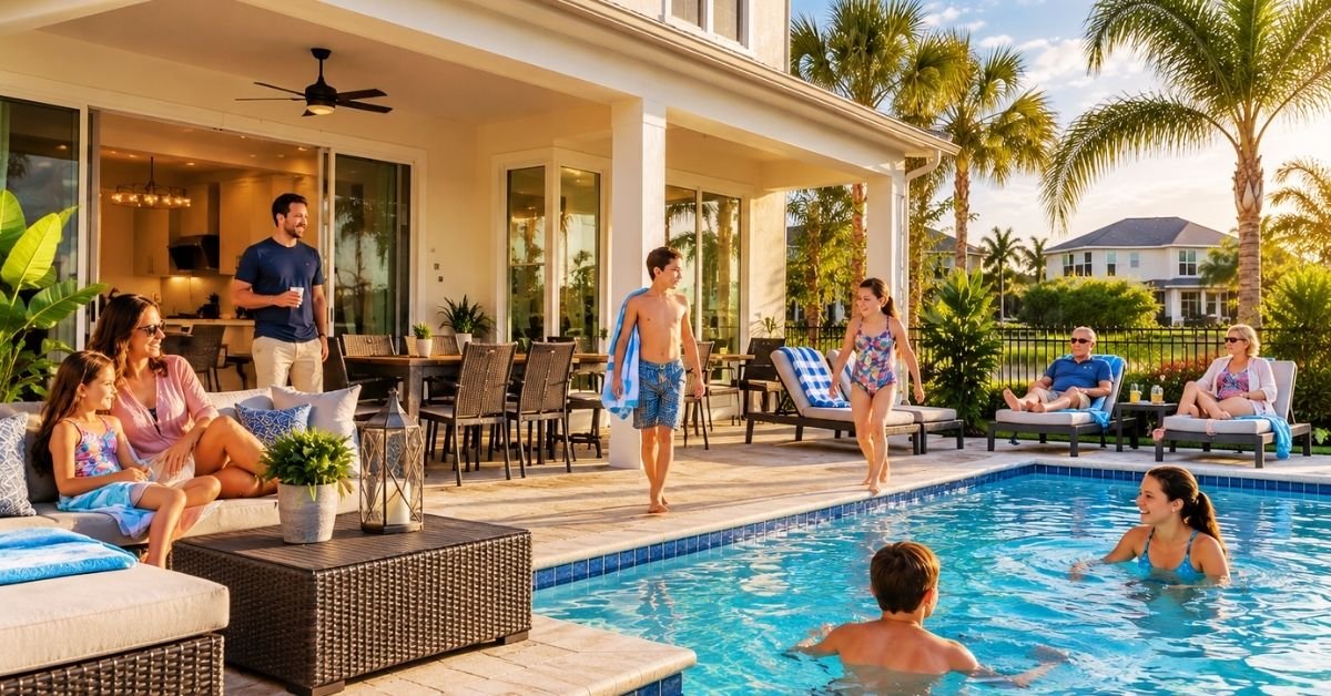 Large family enjoying a vacation rental with a private pool in Orlando, Florida